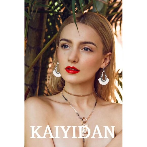 Silver Fan Dangle Boho Dangle Statement Vintage Dainty Earring for Women - Picture 9 of 9